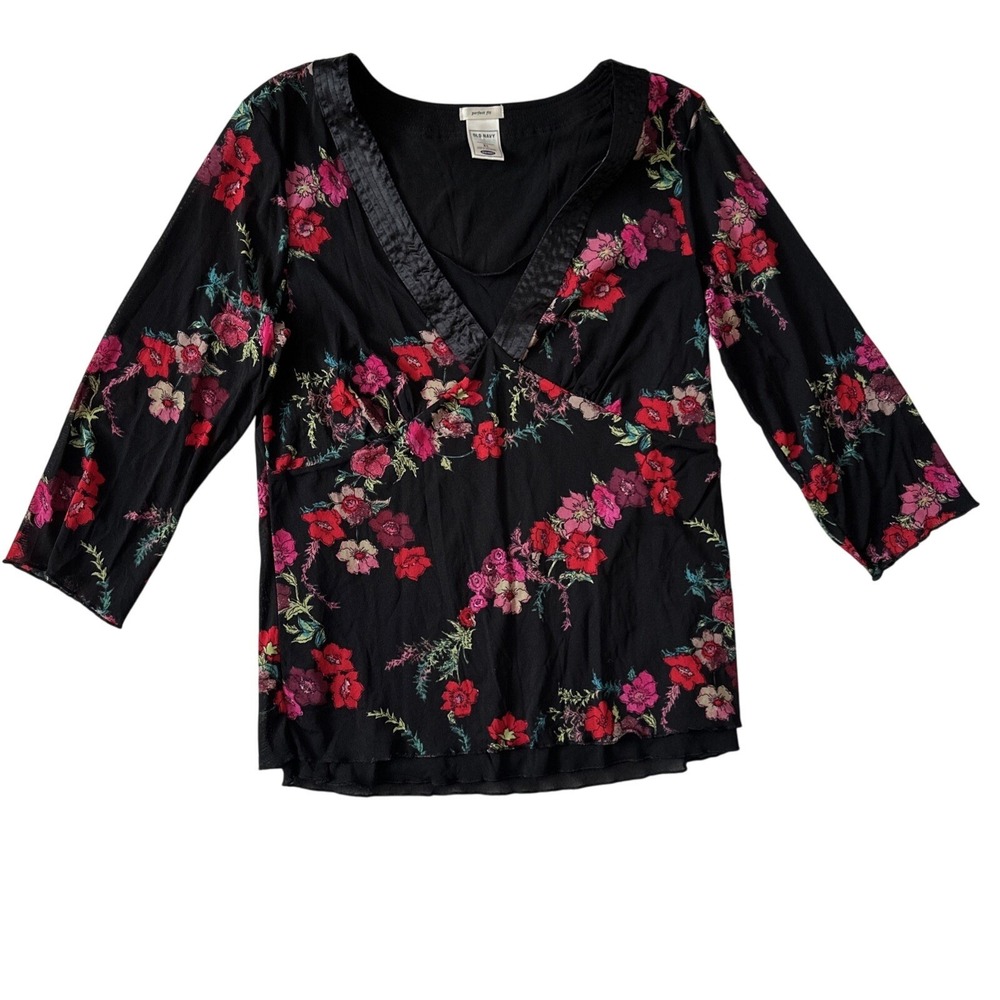 Womens Y2K Dark Floral Mesh Fairy Grunge Babydoll Top‎ Size XL Preppy 90S